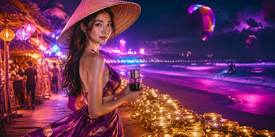 Bãi biển Mũi Né thanh bình với người phụ nữ đội nón lá dạo bước thư giãn