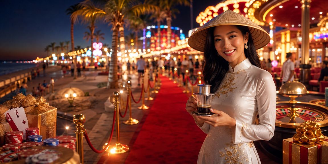 Không gian giải trí casino ven biển Mũi Né với ly cà phê truyền thống Việt Nam